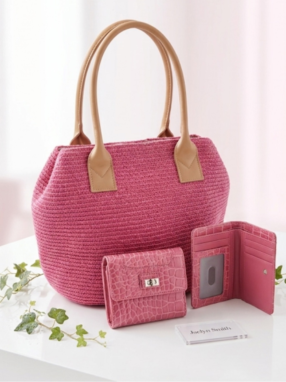 Jaclyn Smith Straw Purse with free pink mini wallet